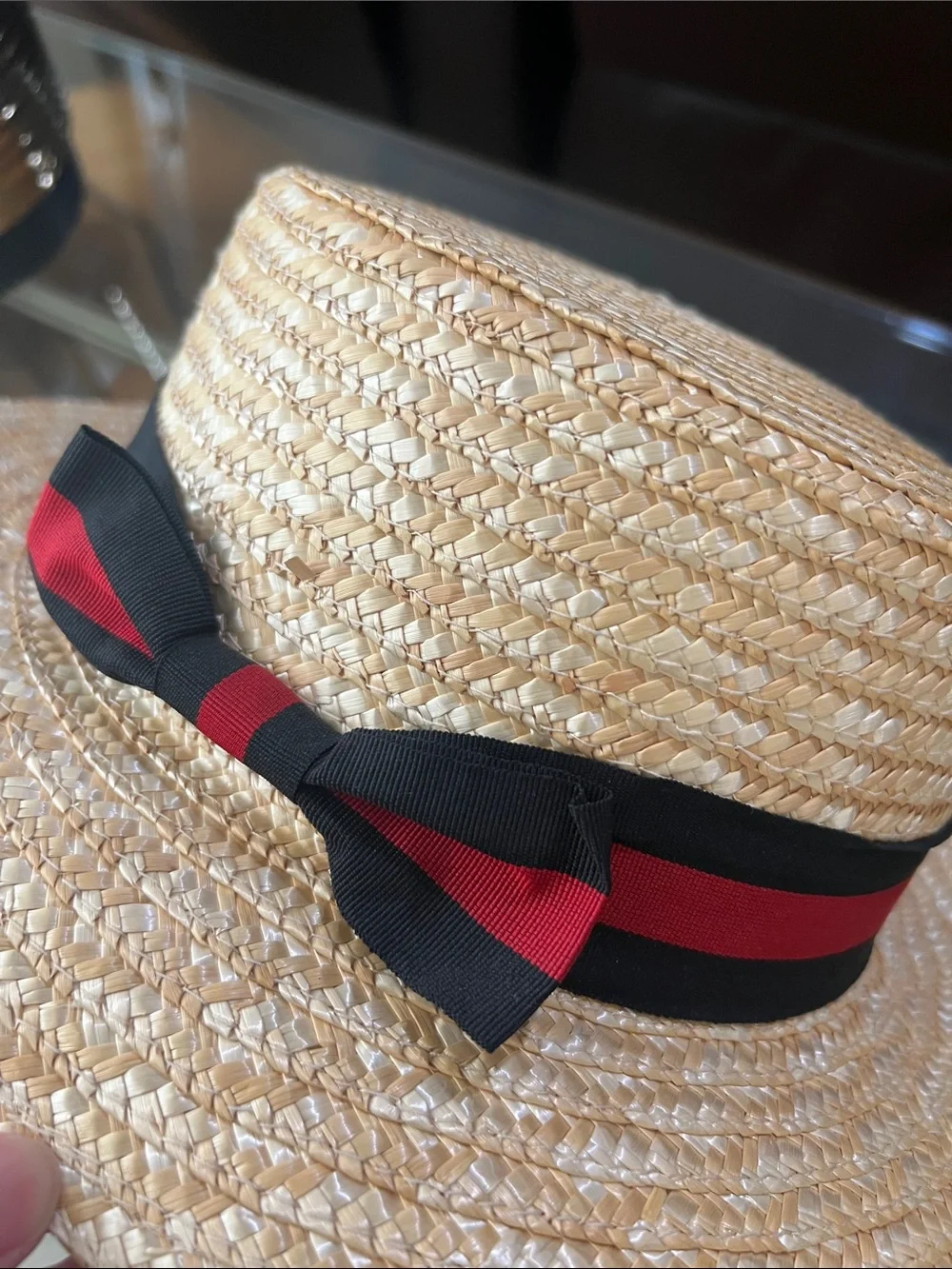Men's Straw Boater Hat with Black and Red Ribbon